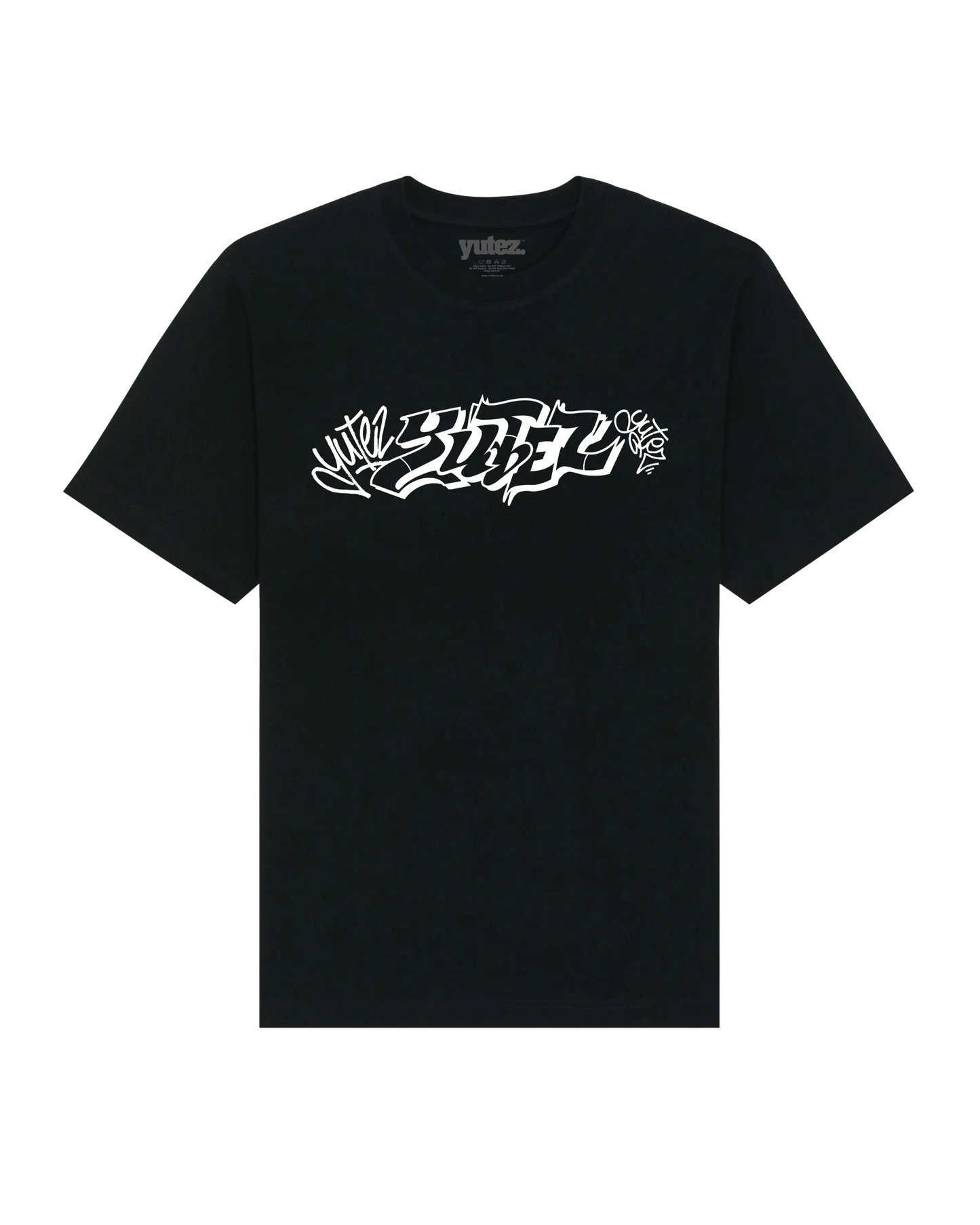 Black t-shirt with white 'YUTEZ' design on a white background