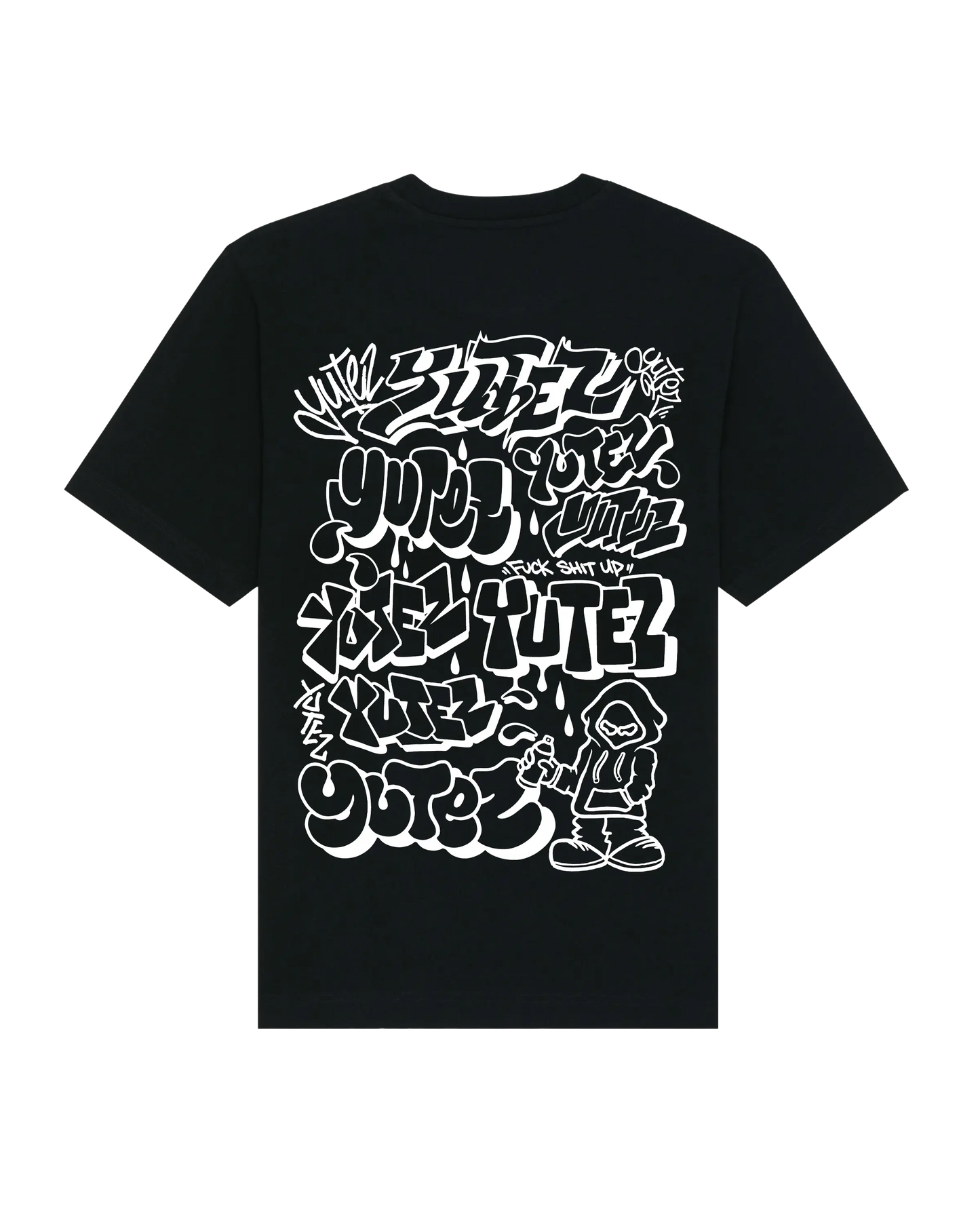 Black t-shirt with white 'YUTEZ' design on a white background