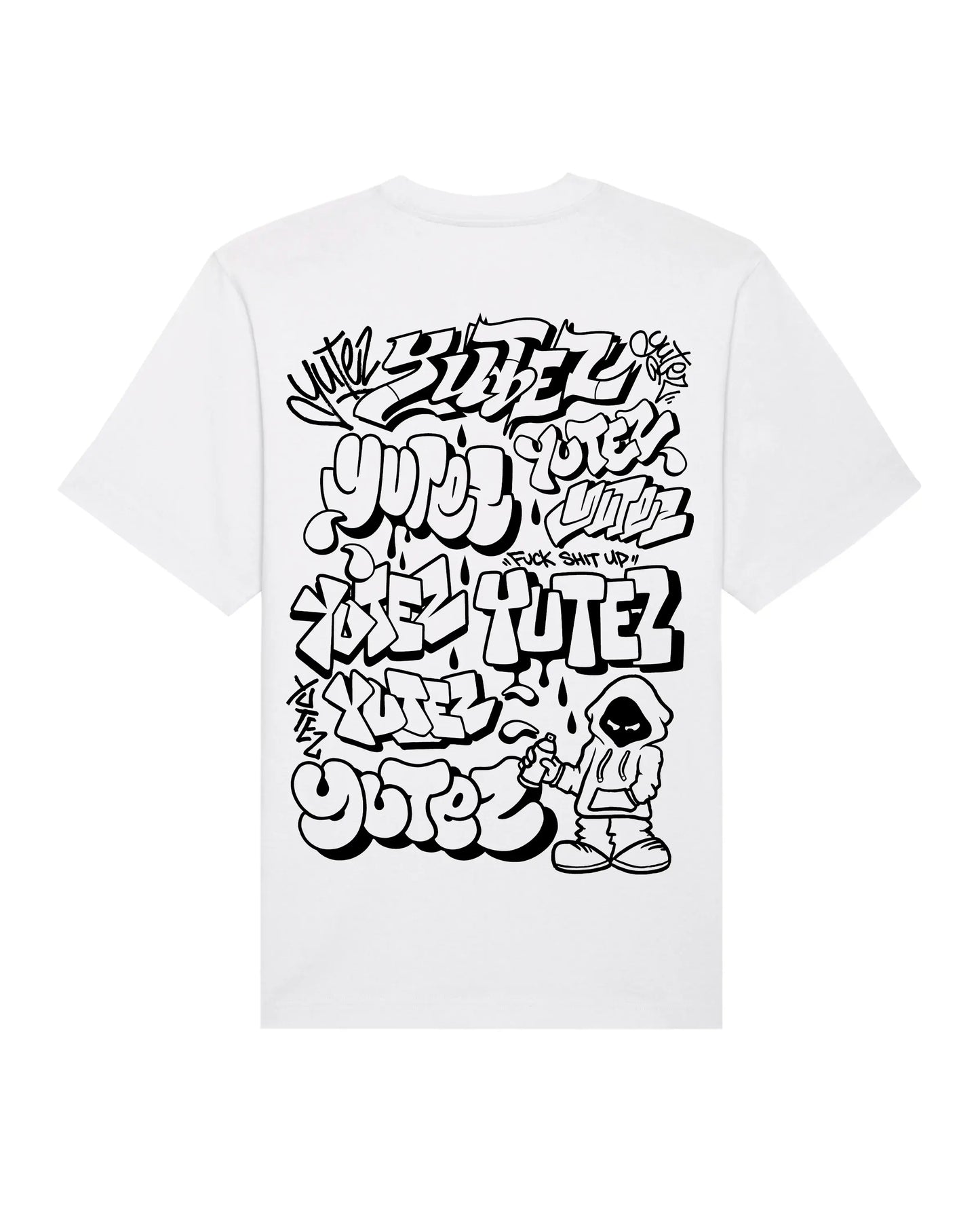 White t-shirt with black 'YUREZ THROWIES, on a white background