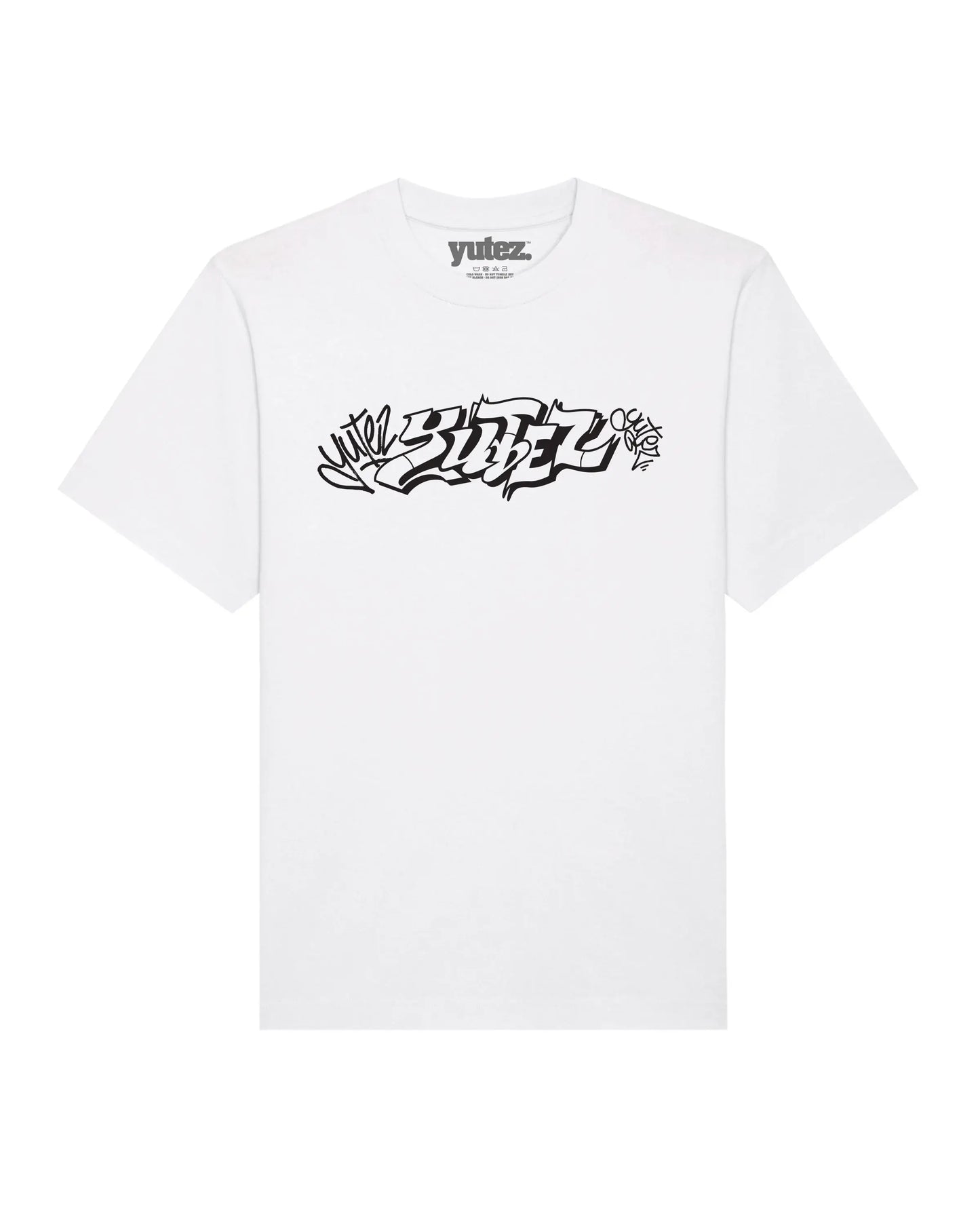White t-shirt with black graphic design and 'YUTEZ' branding on a white background