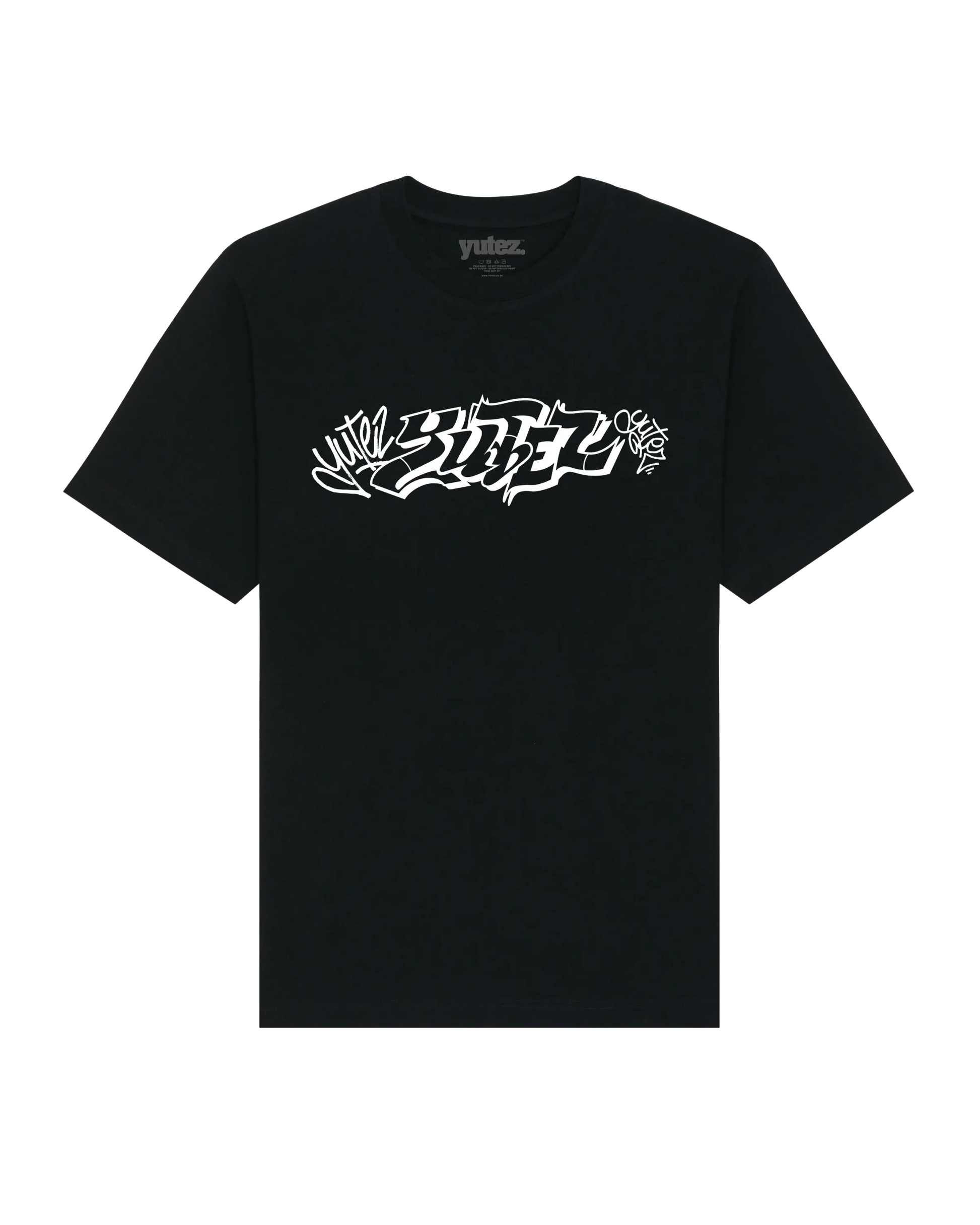 Black t-shirt with white 'YUTEZ' design on a white background