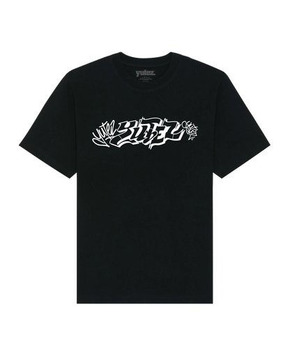 Black t-shirt with white 'YUTEZ' design on a white background