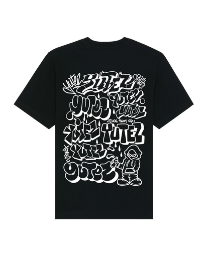 Black t-shirt with white 'YUTEZ' design on a white background