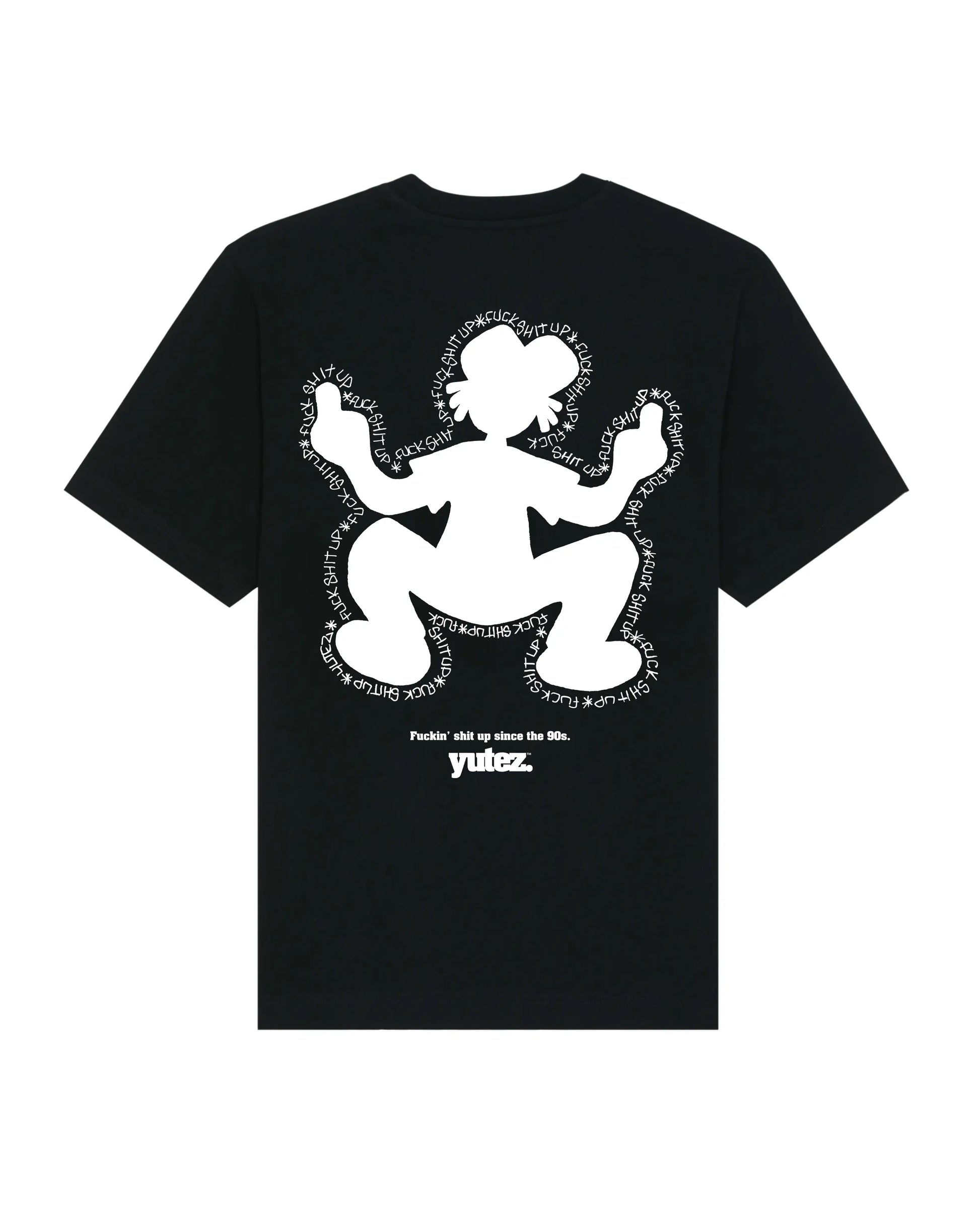 Black t-shirt with 'YUTEZ' branding on a white background