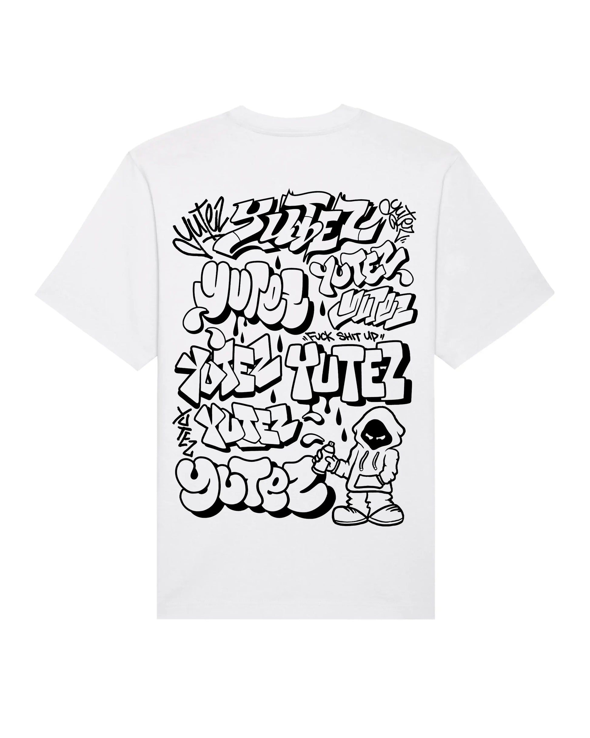 White t-shirt with black 'YUREZ THROWIES, on a white background