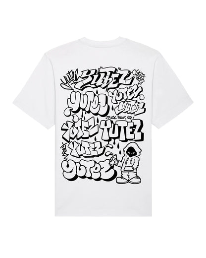 White t-shirt with black 'YUREZ THROWIES, on a white background