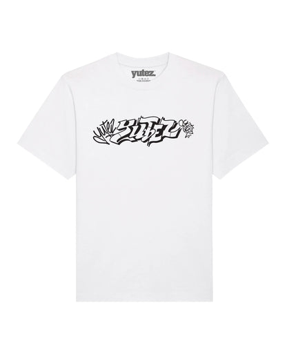 White t-shirt with black graphic design and 'YUTEZ' branding on a white background